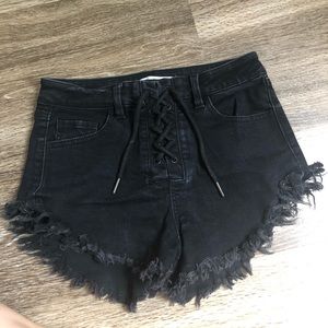 black lace up denim shorts